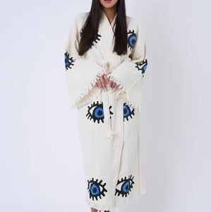 Cotton Turkish Robe - White/Blue - Handmade Evil Eye Pattern - Lightweight